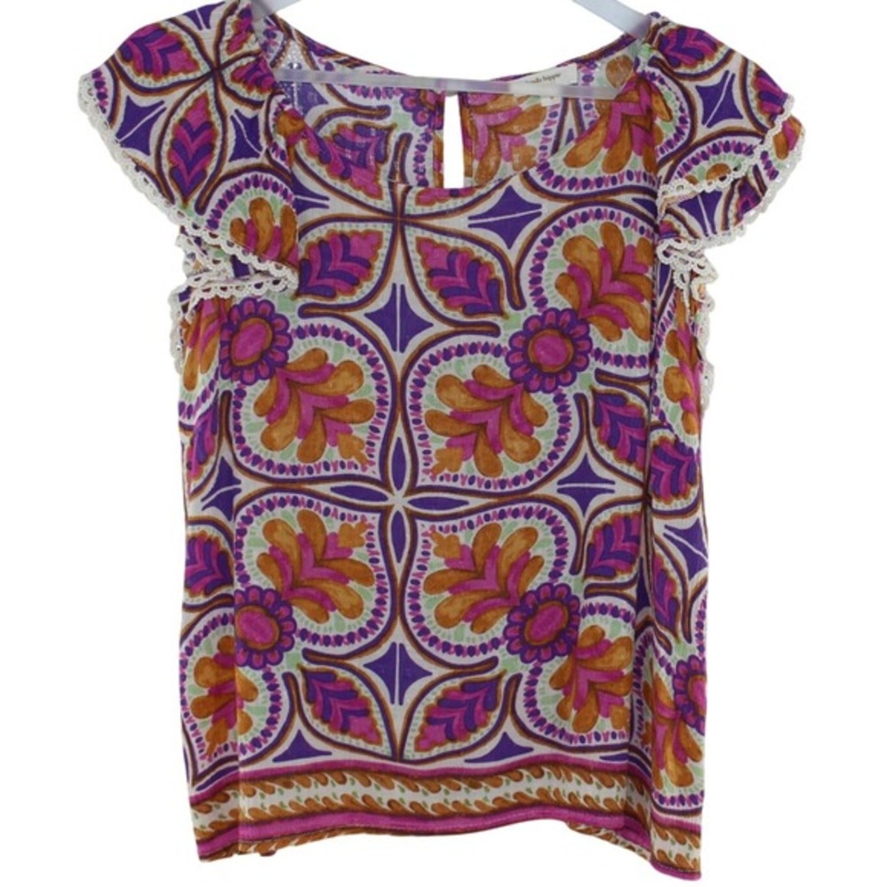 Haute Hippie Style Blouse Boho Tile Print‎ Crochet Trim Size S Purple Orange